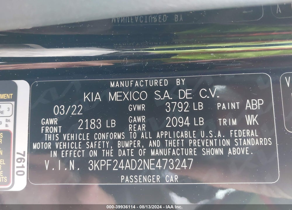 2022 KIA FORTE LXS VIN: 3KPF24AD2NE473247