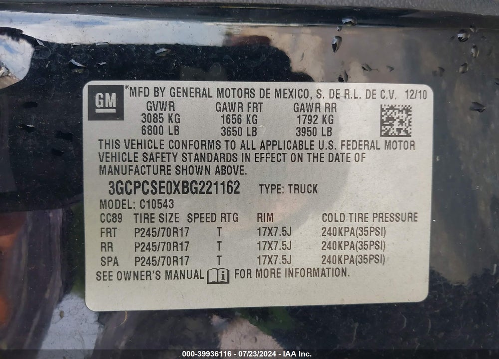 2011 CHEVROLET SILVERADO 1500 LT VIN: 3GCPCSE0XBG221162