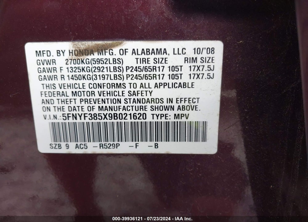 2009 HONDA PILOT EX-L VIN: 5FNYF385X9B021620