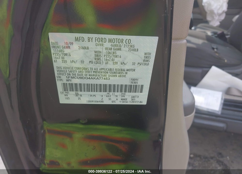 2010 FORD ESCAPE XLT VIN: 1FMCU9DG4AKA77453