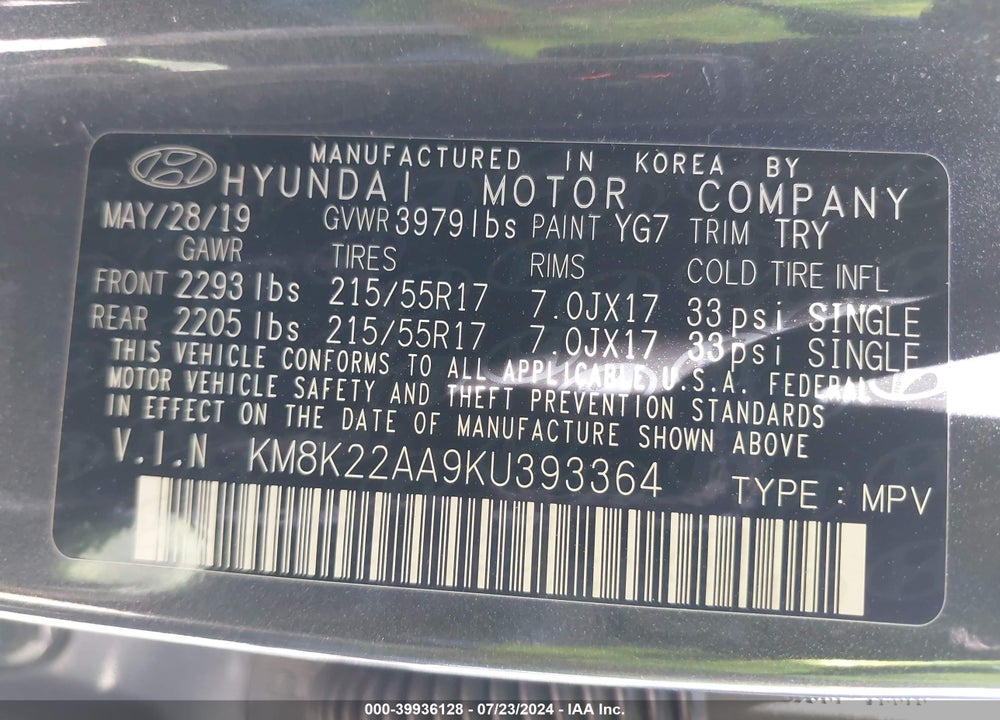 2019 HYUNDAI KONA SEL VIN: KM8K22AA9KU393364