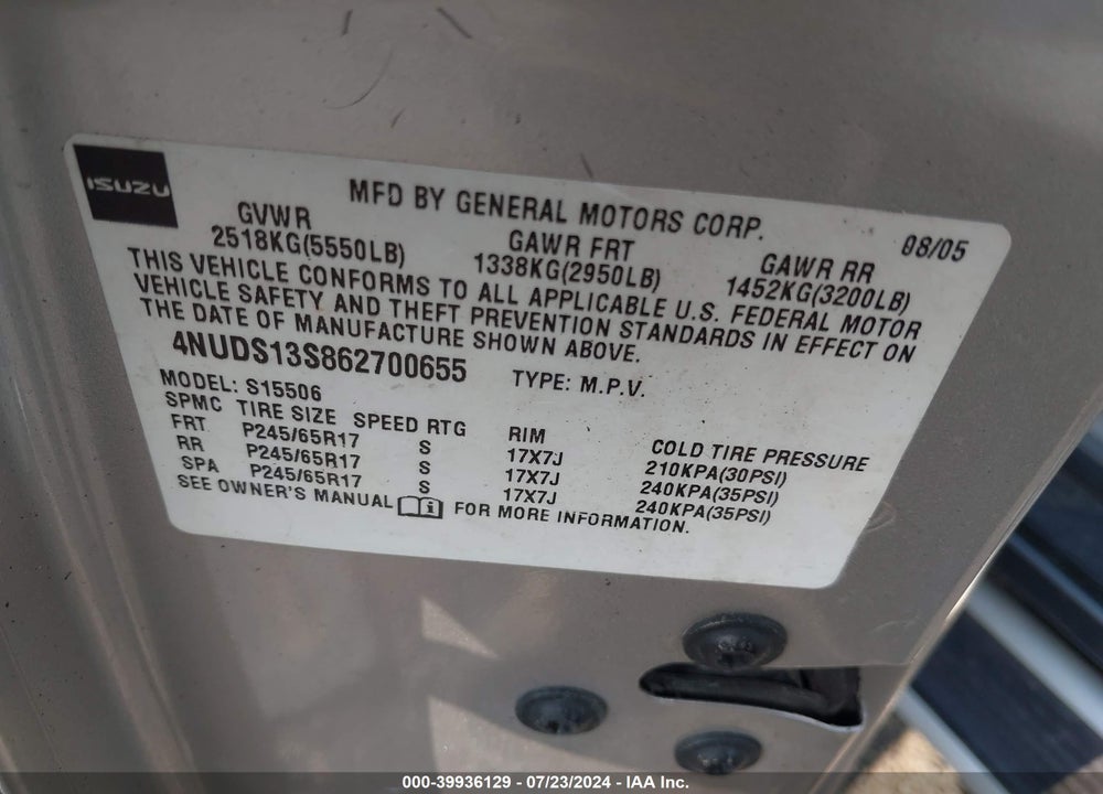 2006 ISUZU ASCENDER S VIN: 4NUDS13S862700655
