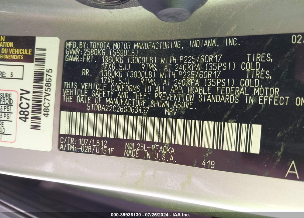 2006 TOYOTA SIENNA XLE LIMITED VIN: 5TDBA22C26S063437