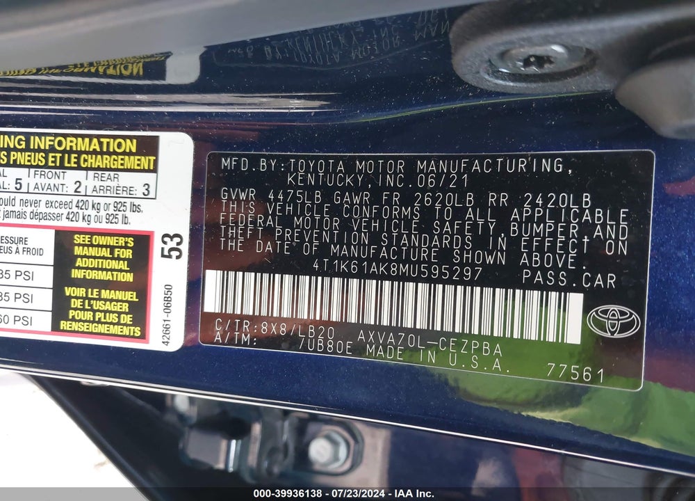 2021 TOYOTA CAMRY XSE VIN: 4T1K61AK8MU595297