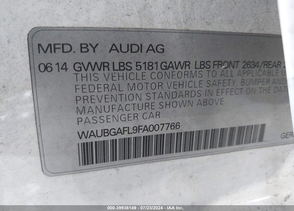 2015 AUDI S4 3.0T PREMIUM PLUS VIN: WAUBGAFL9FA007766