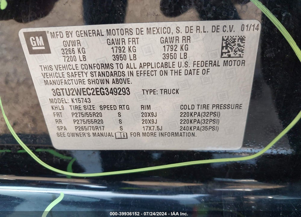 2014 GMC SIERRA 1500 DENALI VIN: 3GTU2WEC2EG349293