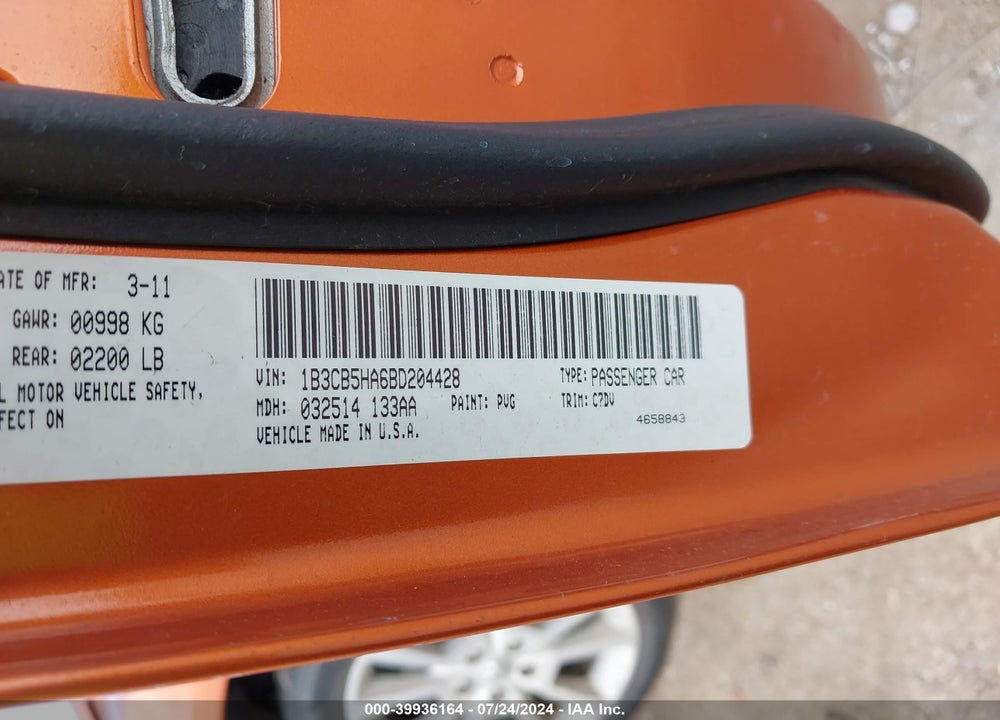 2011 DODGE CALIBER HEAT VIN: 1B3CB5HA6BD204428