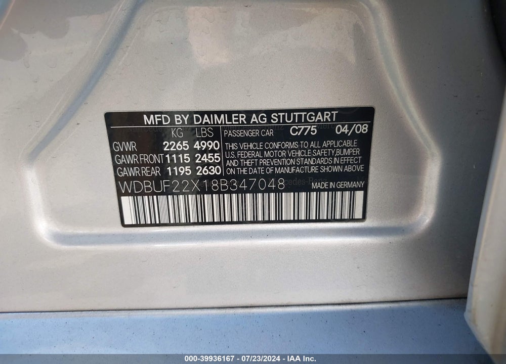 2008 MERCEDES-BENZ E 320 BLUETEC VIN: WDBUF22X18B347048