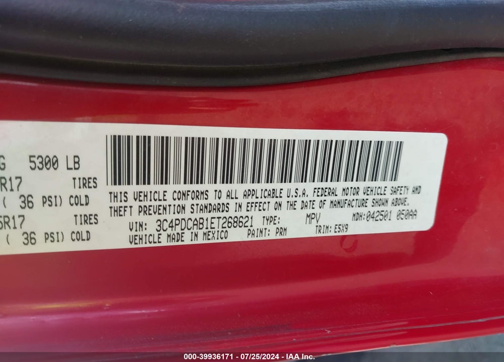 2014 DODGE JOURNEY SE VIN: 3C4PDCAB1ET268621