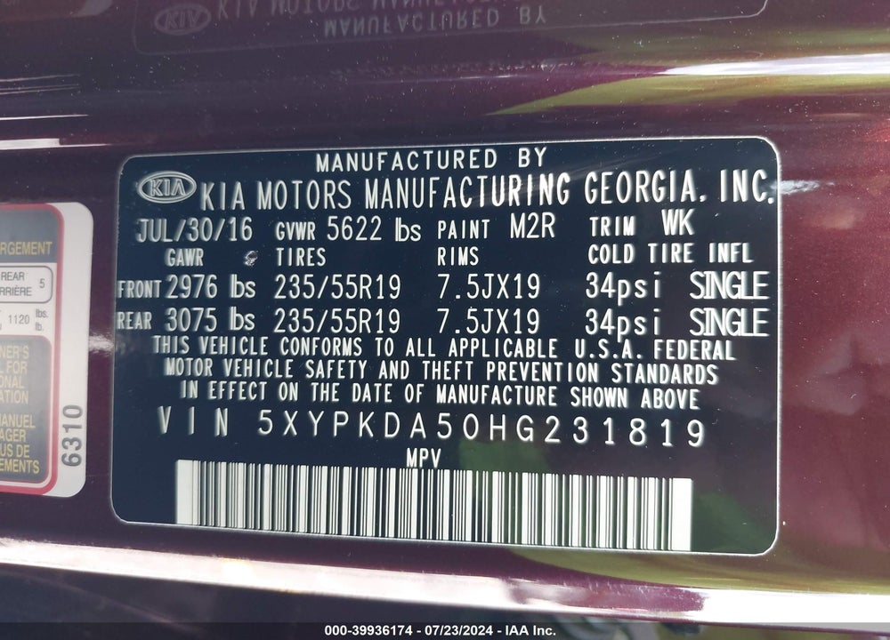 2017 KIA SORENTO 3.3L SX VIN: 5XYPKDA50HG231819