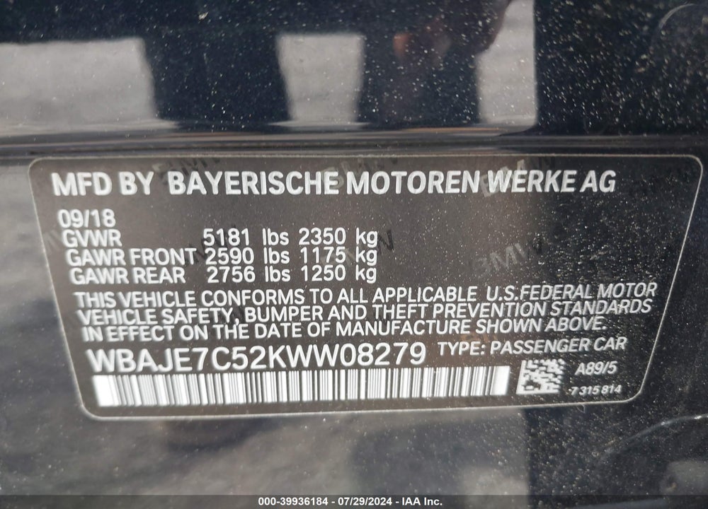 2019 BMW 540I XDRIVE VIN: WBAJE7C52KWW08279