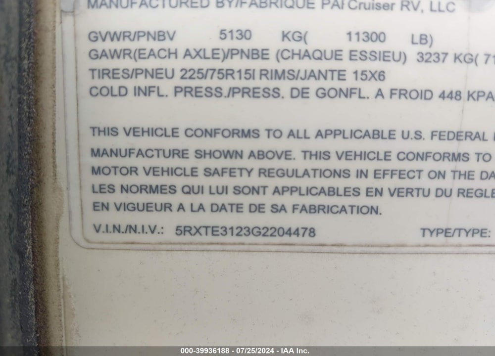 2016 CRUISER CAMPER VIN: 5RXTE3123G2204478