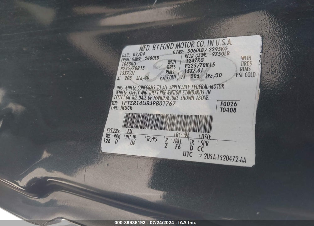 2004 FORD RANGER EDGE/TREMOR/XL/XLT VIN: 1FTZR14U84PB01767