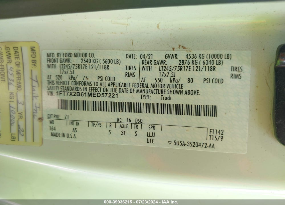 2021 FORD F-250 XL VIN: 1FT7X2B61MED57221
