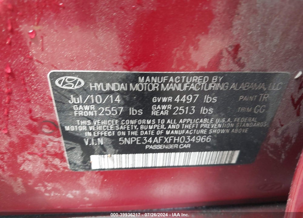 2015 HYUNDAI SONATA SPORT VIN: 5NPE34AFXFH034966
