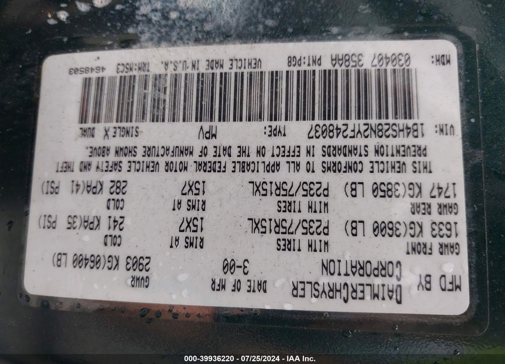 2000 DODGE DURANGO VIN: 1B4HS28N2YF248037