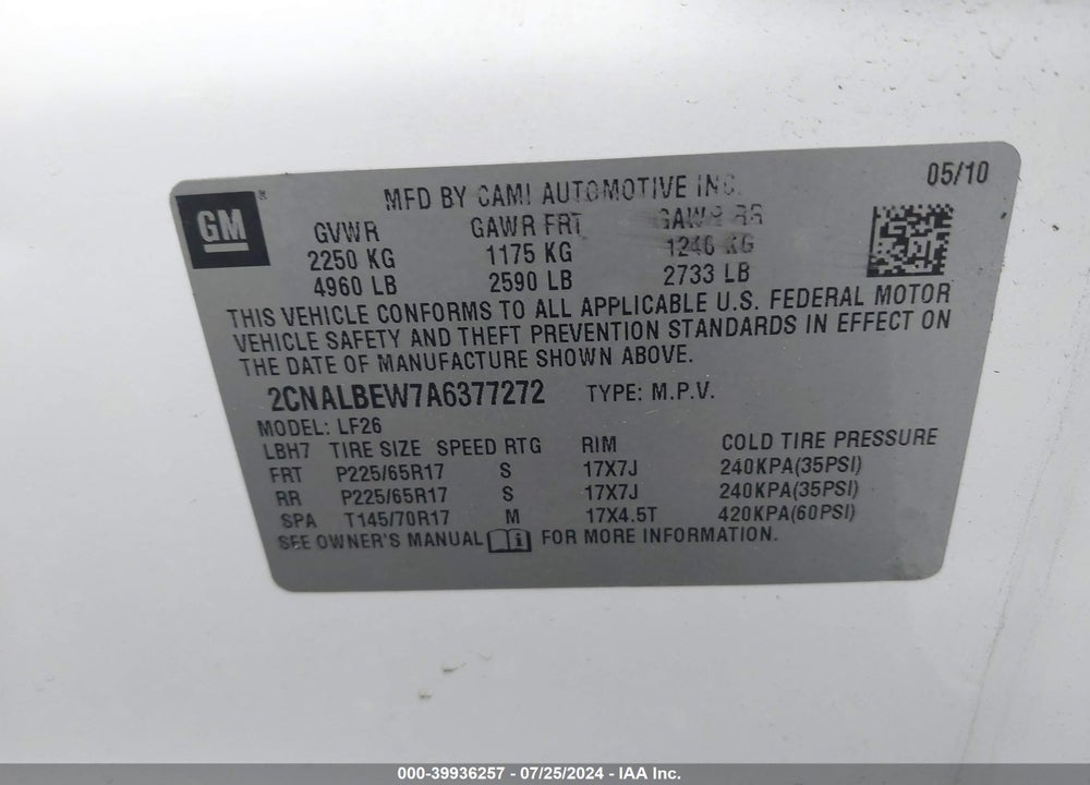 2010 CHEVROLET EQUINOX LS VIN: 2CNALBEW7A6377272