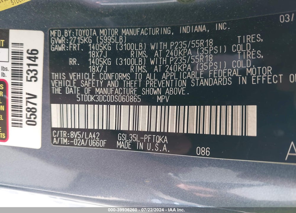 2013 TOYOTA SIENNA LIMITED 7 PASSENGER VIN: 5TDDK3DC0DS060865