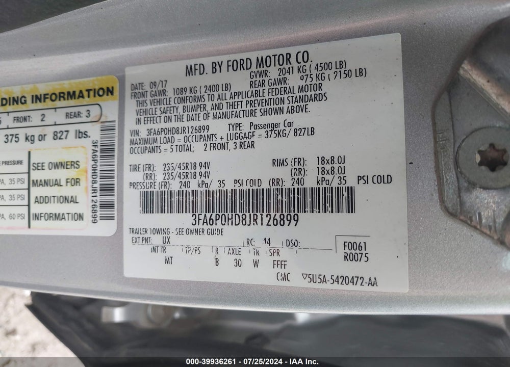 2018 FORD FUSION SE VIN: 3FA6P0HD8JR126899