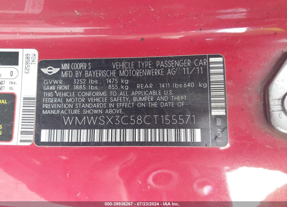 2012 MINI COOPER S VIN: WMWSX3C58CT155571