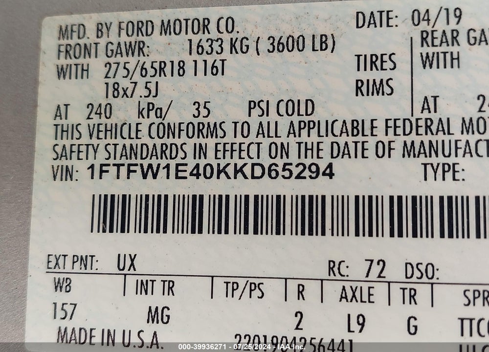 2019 FORD F-150 XLT VIN: 1FTFW1E40KKD65294