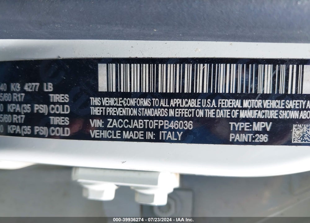 2015 JEEP RENEGADE LATITUDE VIN: ZACCJABT0FPB46036