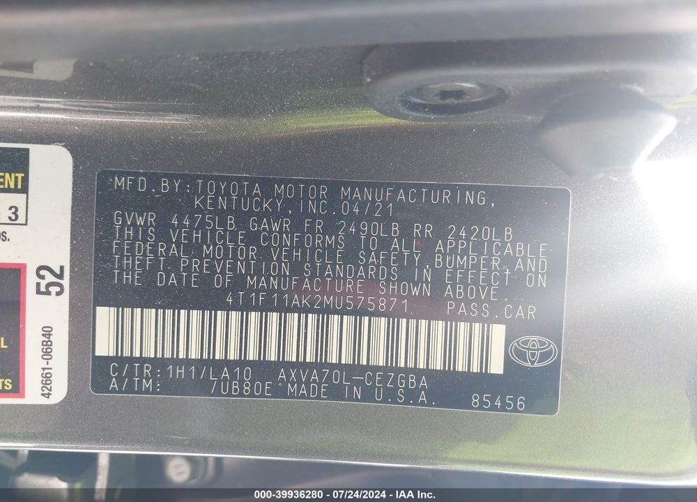 2021 TOYOTA CAMRY XLE VIN: 4T1F11AK2MU575871