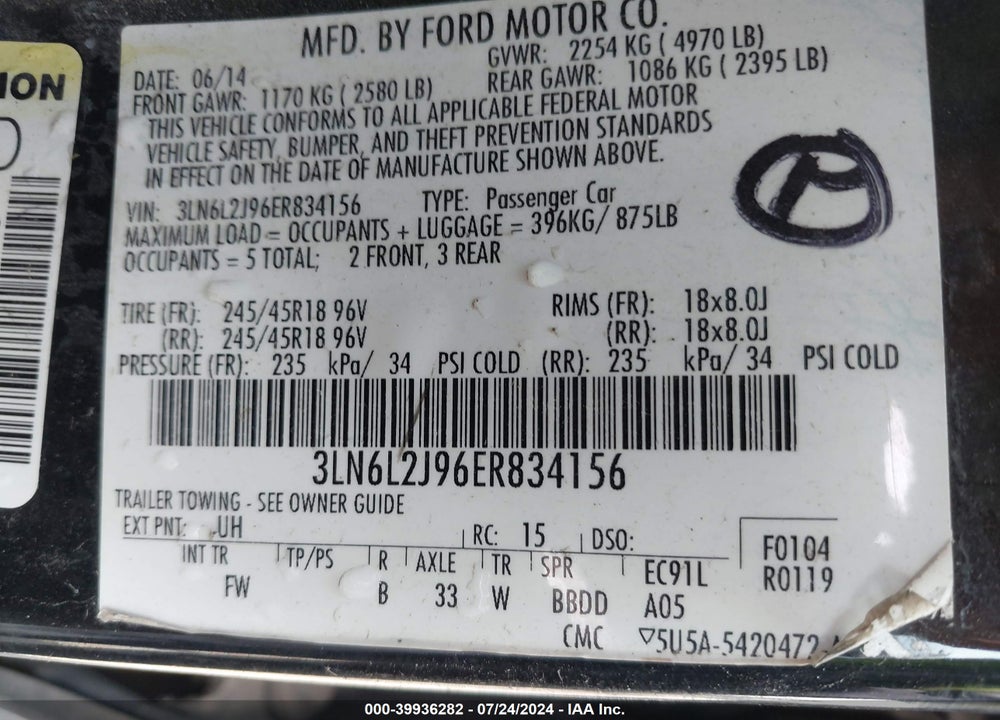 2014 LINCOLN MKZ VIN: 3LN6L2J96ER834156