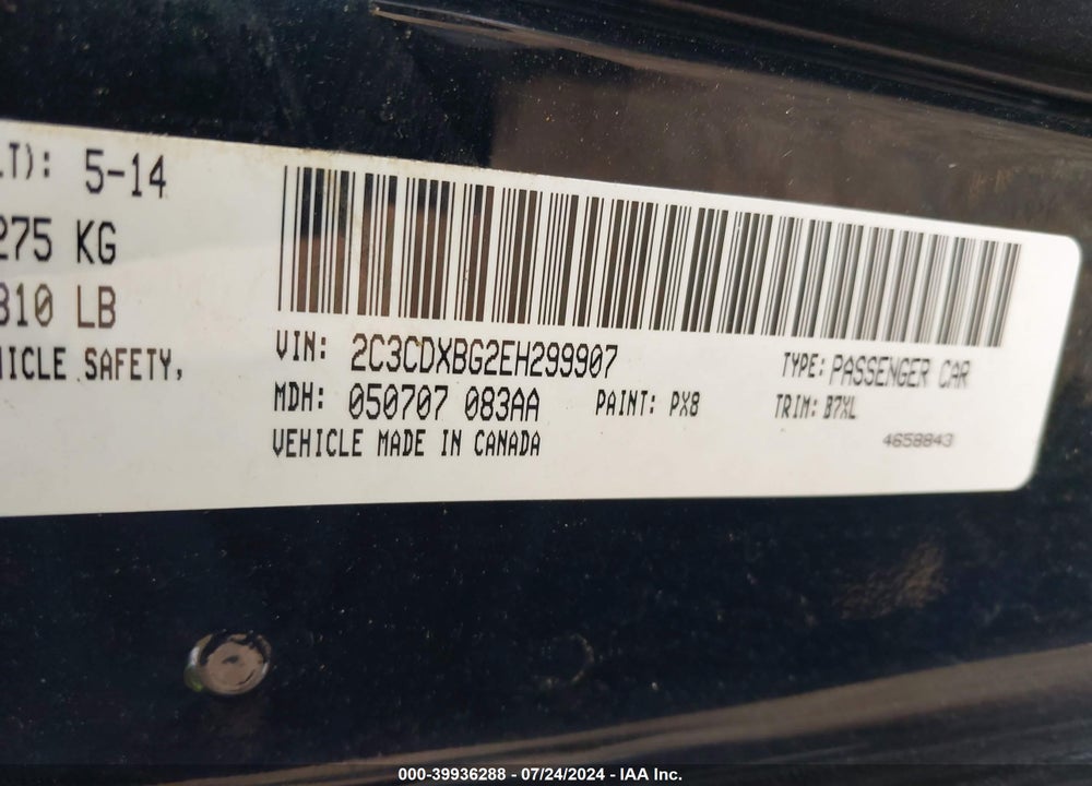 2014 DODGE CHARGER SE VIN: 2C3CDXBG2EH299907