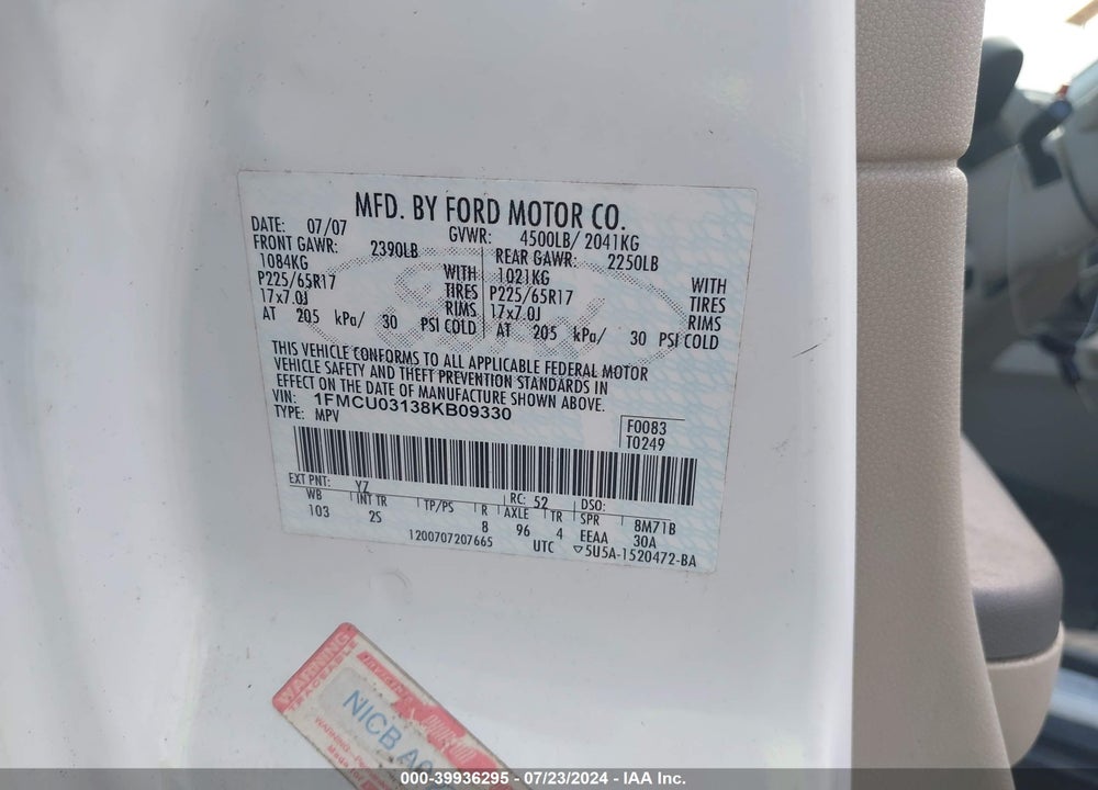 2008 FORD ESCAPE XLT VIN: 1FMCU03138KB09330