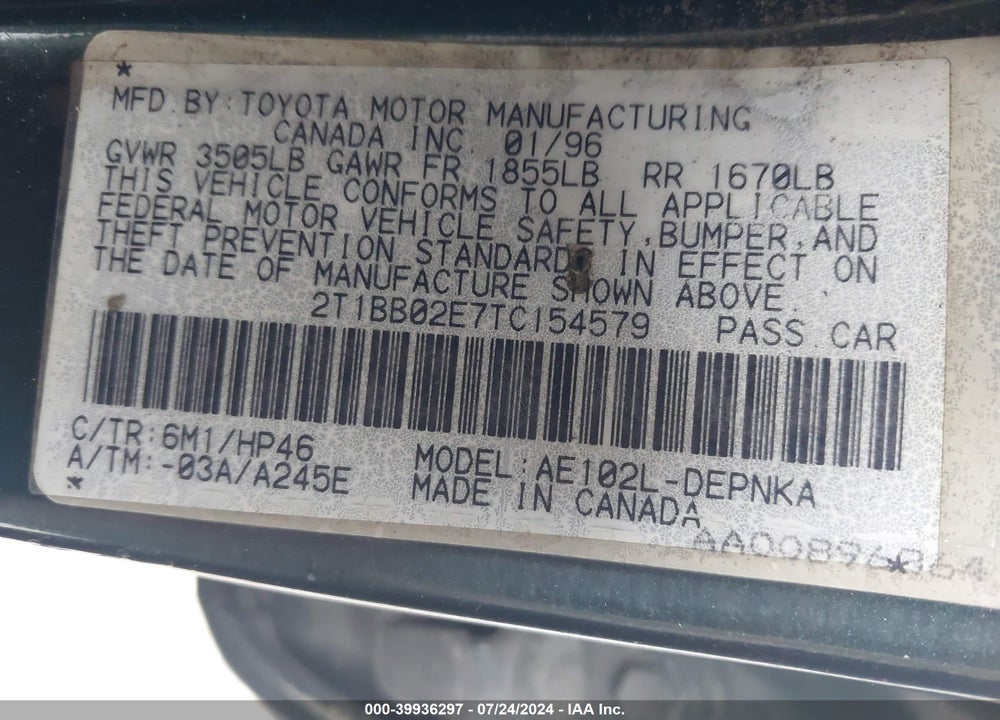 1996 TOYOTA COROLLA DX VIN: 2T1BB02E7TC154579