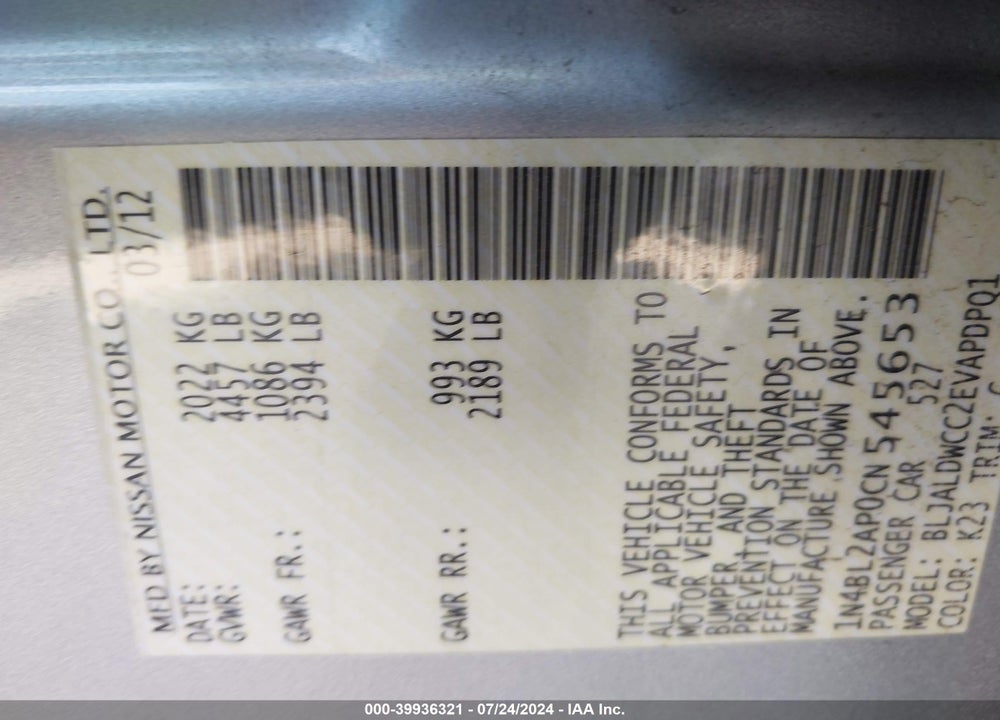2012 NISSAN ALTIMA 3.5 SR VIN: 1N4BL2AP0CN545653