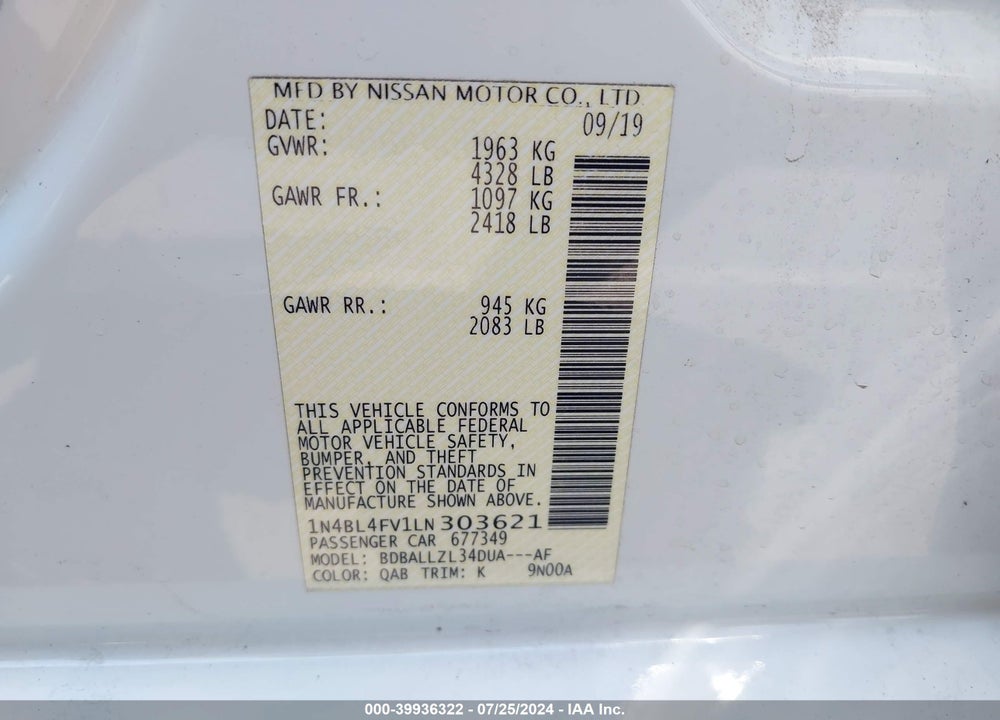 2020 NISSAN ALTIMA PLATINUM FWD VIN: 1N4BL4FV1LN303621