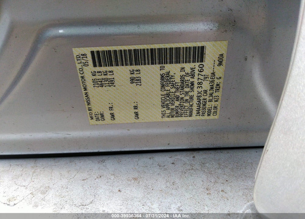 2018 NISSAN MAXIMA 3.5 SV VIN: 1N4AA6AP8JC387760