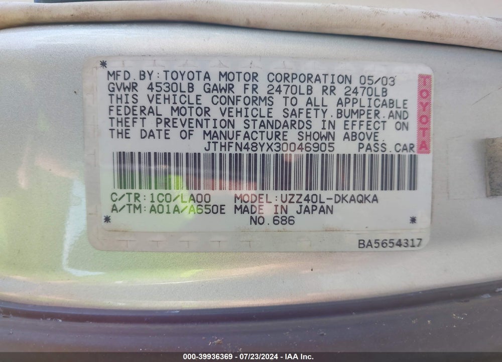 2003 LEXUS SC 430 VIN: JTHFN48YX30046905