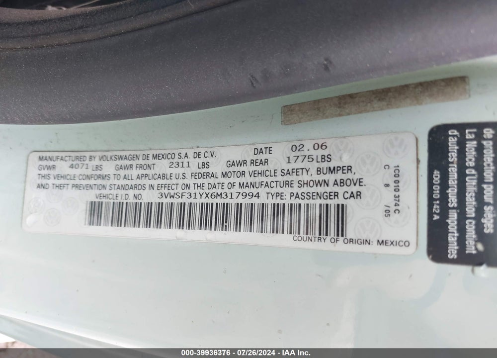 2006 VOLKSWAGEN NEW BEETLE 2.5 VIN: 3VWSF31YX6M317994