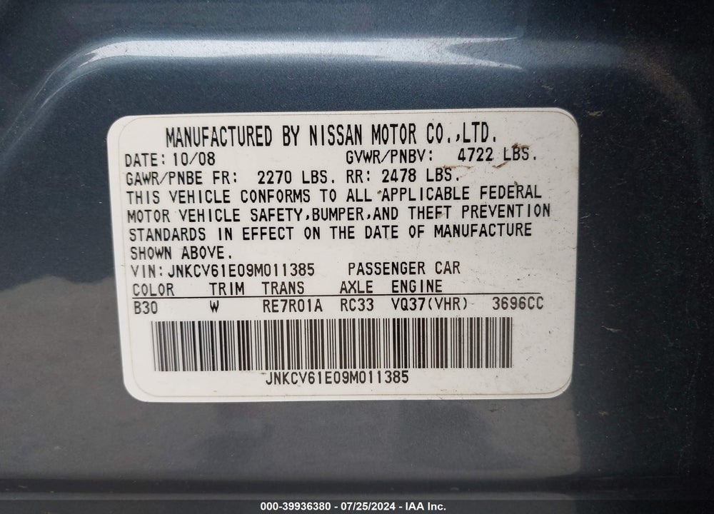 2009 INFINITI G37 JOURNEY VIN: JNKCV61E09M011385