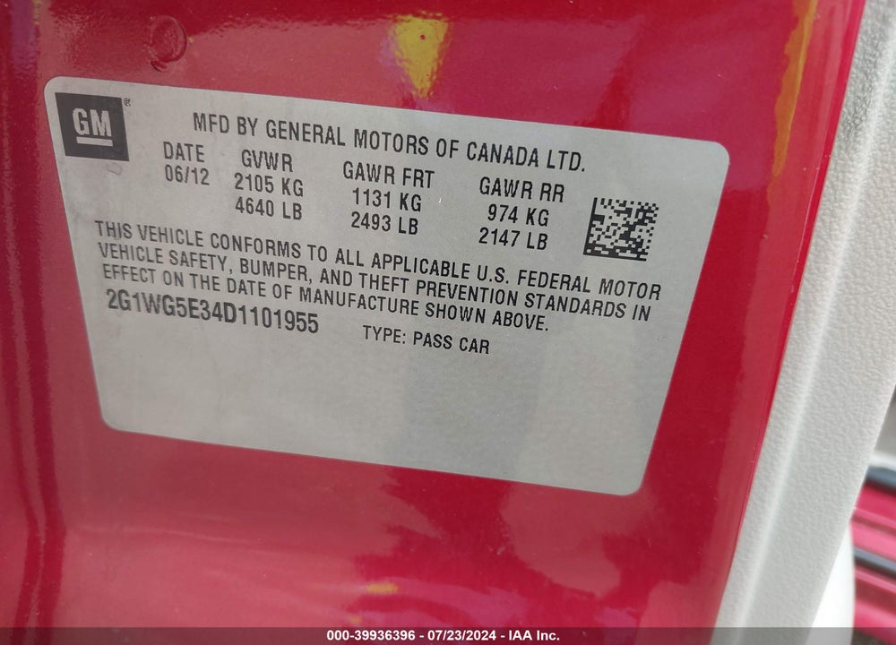 2013 CHEVROLET IMPALA LT VIN: 2G1WG5E34D1101955