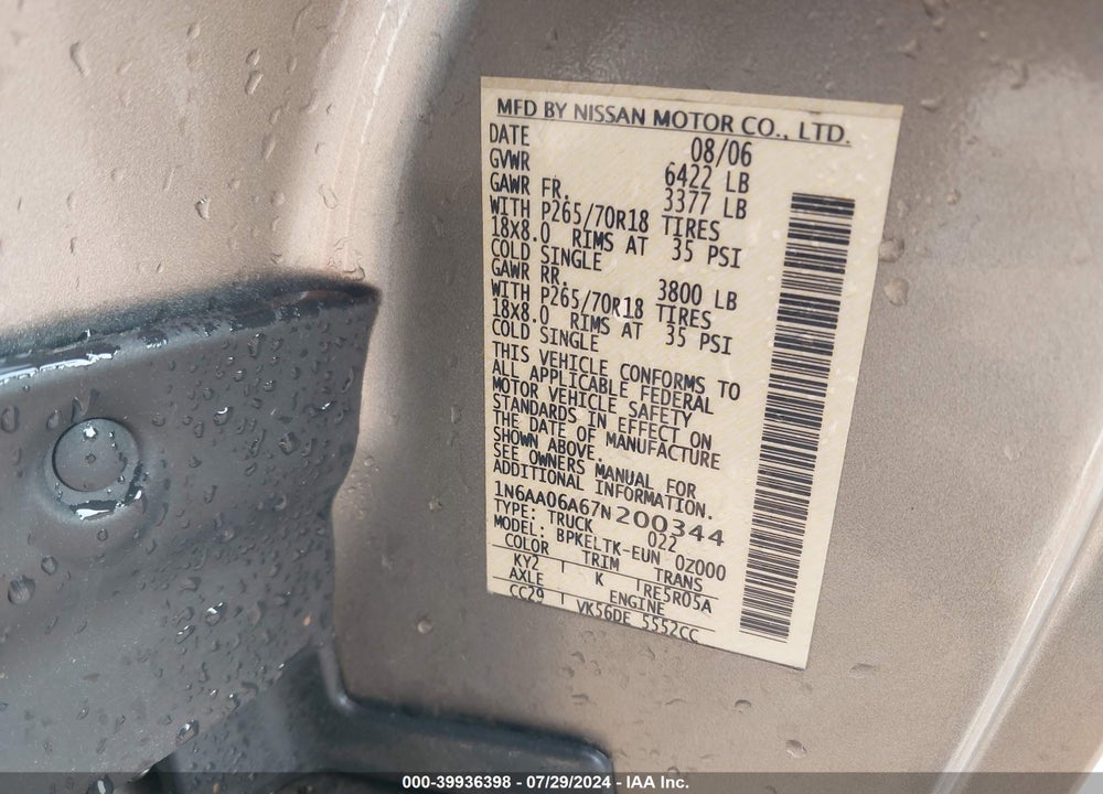 2007 NISSAN TITAN SE VIN: 1N6AA06A67N200344