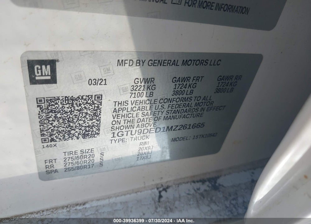 2021 GMC SIERRA 1500 4WD SHORT BOX SLT VIN: 1GTU9DED1MZ261665