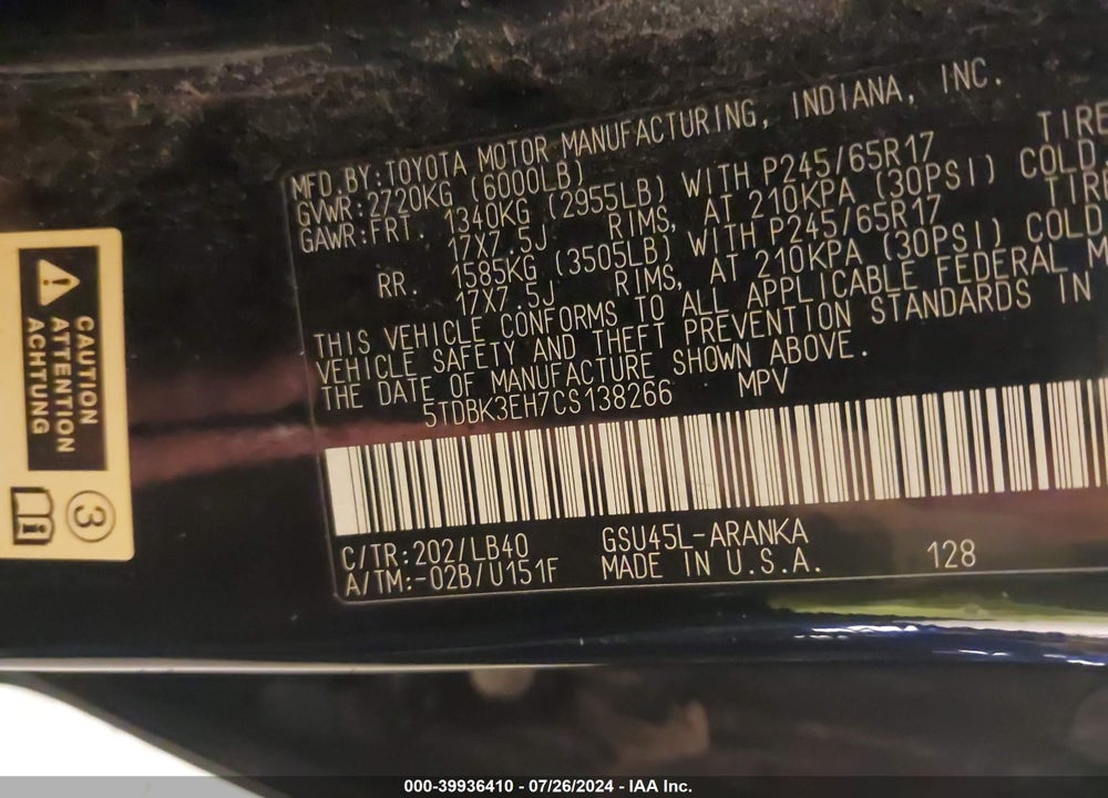 2012 TOYOTA HIGHLANDER SE V6 VIN: 5TDBK3EH7CS138266