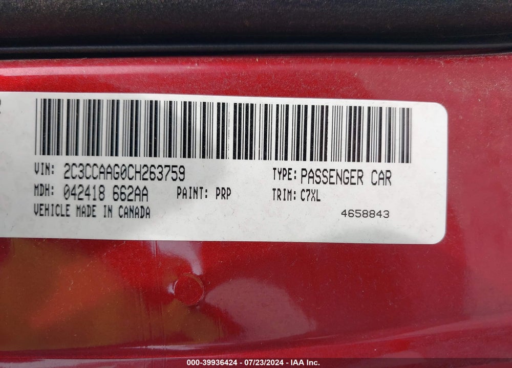 2012 CHRYSLER 300 VIN: 2C3CCAAG0CH263759