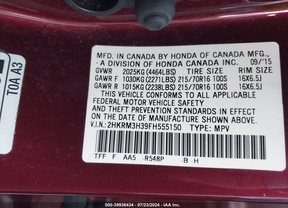 2015 HONDA CR-V LX VIN: 2HKRM3H39FH555150
