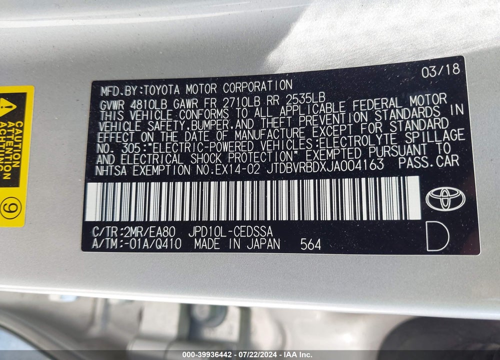 2018 TOYOTA MIRAI VIN: JTDBVRBDXJA004163