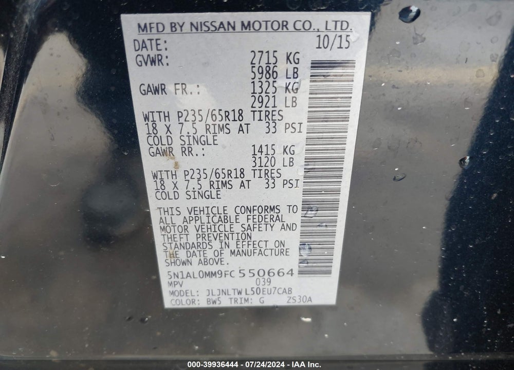 2015 INFINITI QX60 VIN: 5N1AL0MM9FC550664