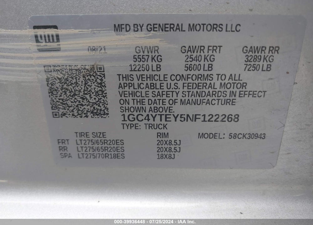 2022 CHEVROLET SILVERADO 3500HD 4WD  LONG BED LT VIN: 1GC4YTEY5NF122268