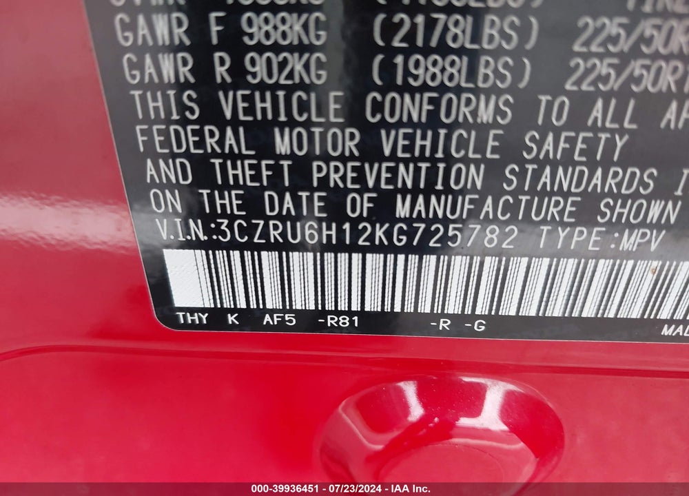2019 HONDA HR-V VIN: 3CZRU6H12KG725782