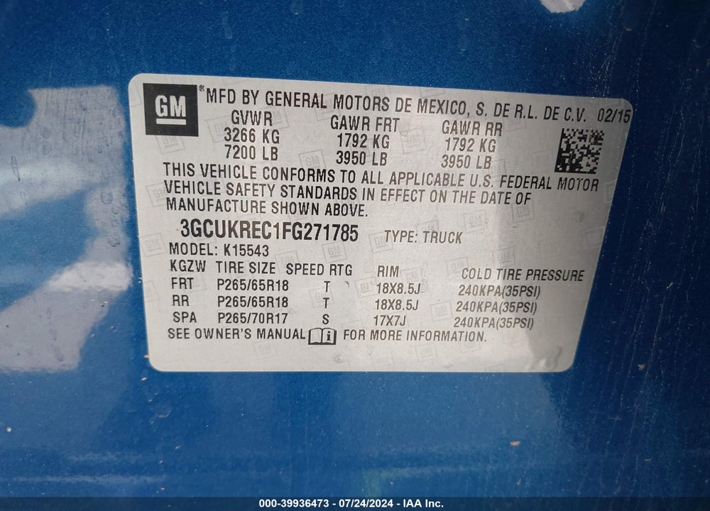 2015 CHEVROLET SILVERADO 1500 2LT VIN: 3GCUKREC1FG271785
