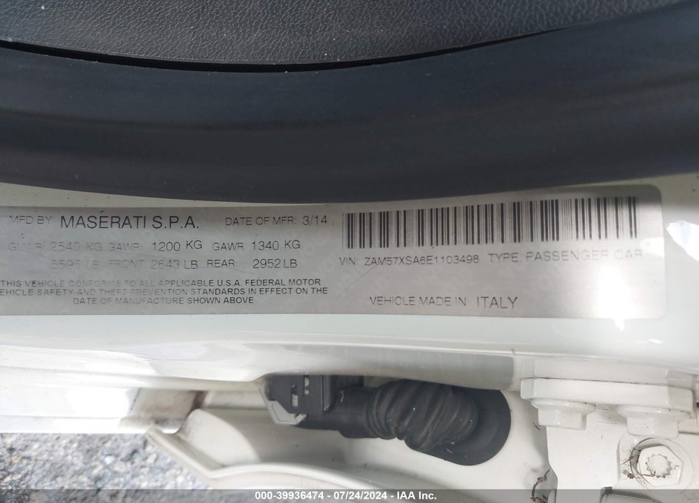 2014 MASERATI GHIBLI VIN: ZAM57XSA6E1103498
