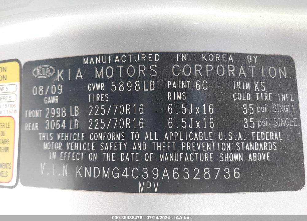 2010 KIA SEDONA LX VIN: KNDMG4C39A6328736